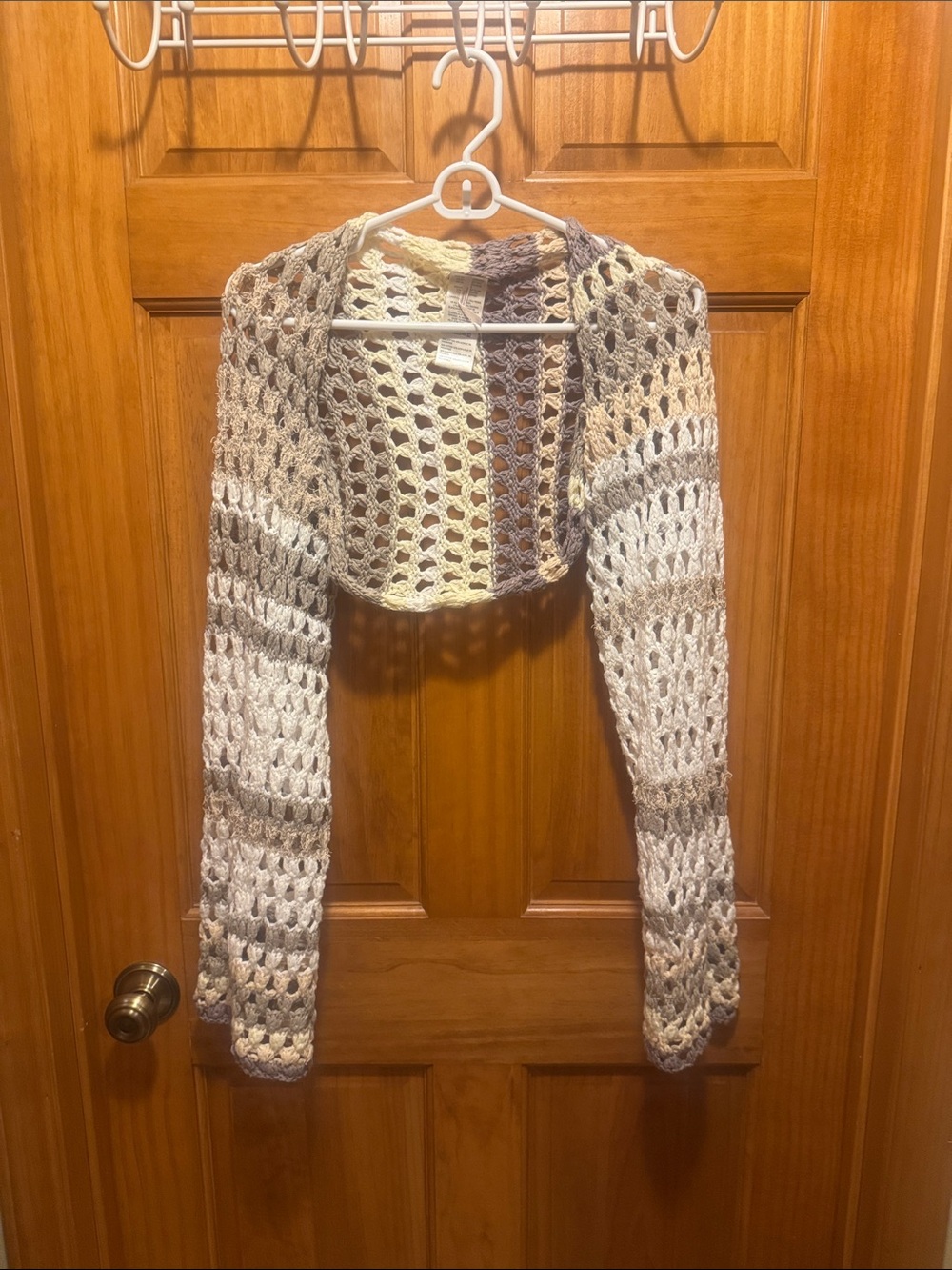Free People Crochet Open-Weave Cropped Bolero in Cream and Brown